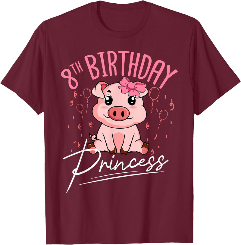 Pig Birthday 8 Cute Piggy Barn Party Apparel Pig 8th Birthday Princess Farm Party Hog Farmer Barnyard T-Shirt - Burgundy