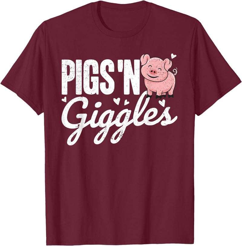 The Cute Pig Farming Apparel Co. Pigs 'n Giggles Funny Farm Pig Farmer Pigs Women Girls T-Shirt - Burgundy