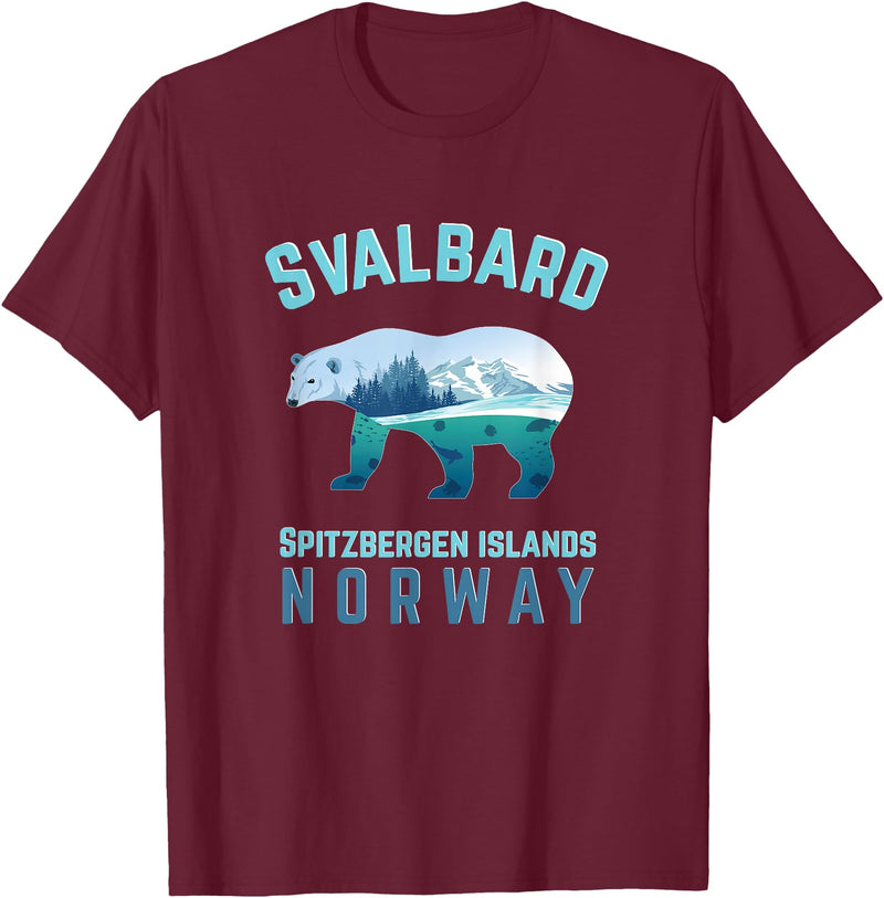 Longyearbyen am Nordkap und Spitzbergen Inseln Svalbard Spitzbergen Islands Norway Fjords with Polar Bear T-Shirt - Burgundy