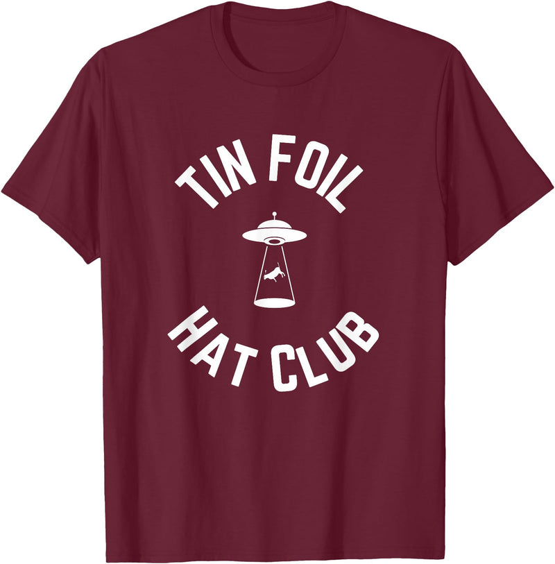 Tin Foil Hat Club with UFO Cow Abduction T-Shirt - Burgundy