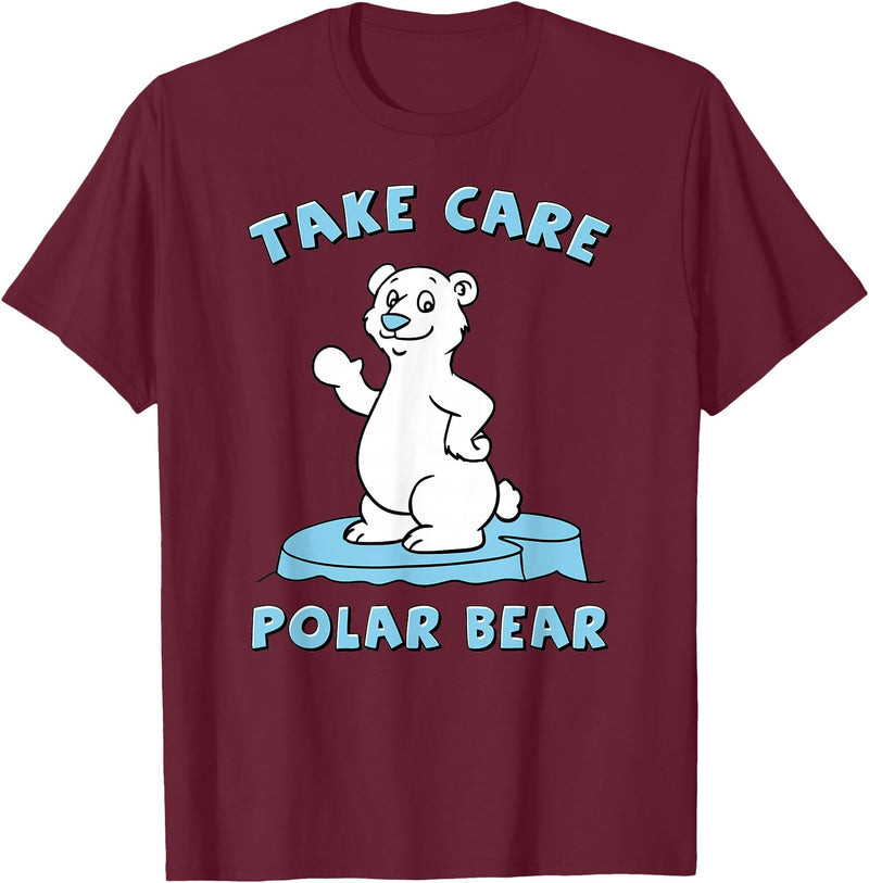 Bear Hugs Apparel Take Care Polar Bear Cute Cartoon Design T-Shirt - Burgundy