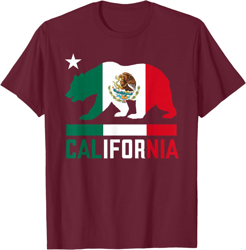 Mexican American US Apparel Co California Bear Mexican Flag State T-Shirt - Burgundy