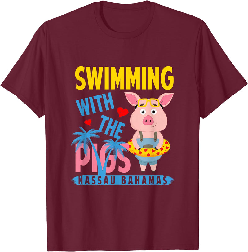 Swimming With The Pigs Bahamas Beach Summer Vibes Swimming With The Pigs Nassau Bahamas Hello Summer Beach T-Shirt - Burgundy