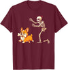 Funny Skeleton Chasing Dog Corgi Halloween Dog Funny Skeleton Chasing Corgi Dog T-Shirt - Burgundy