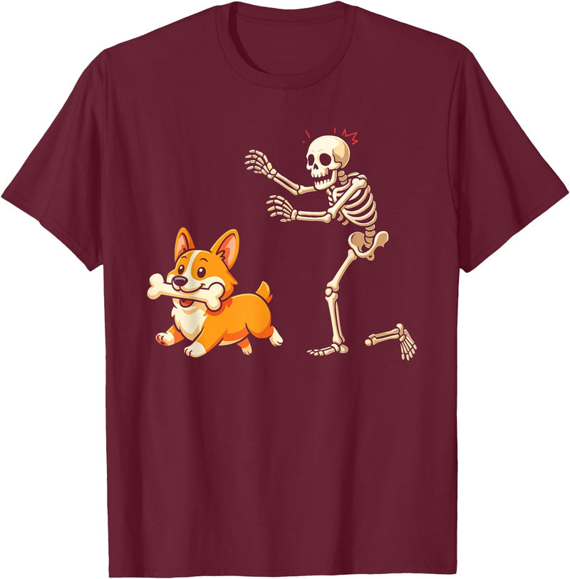Funny Skeleton Chasing Dog Corgi Halloween Dog Funny Skeleton Chasing Corgi Dog T-Shirt - Burgundy