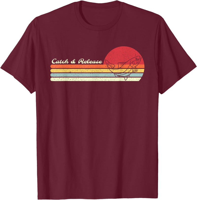 Retro Sunset Brook Trout Salmon Fisherman Designs Angler Catch & Release Trout Fly Fishing Vintage Distressed T-Shirt - Burgundy