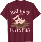 Funny Pig Lover Farm Animals Just A Boy Who Loves Pigs sunglasses In the Mud Kids Boy T-Shirt - Burgundy
