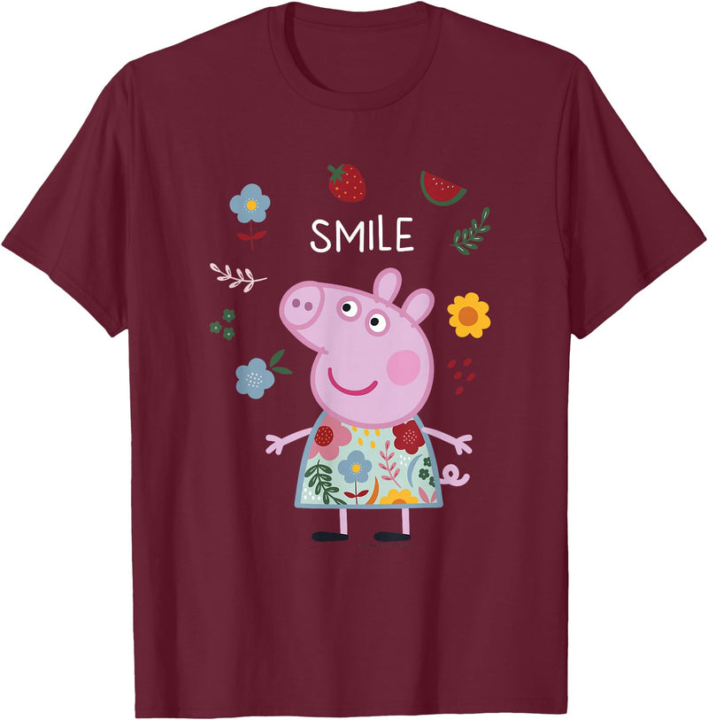 Peppa Pig Smile Cute Flowers & Fruit Full Body Portrait T-Shirt - Burgundy