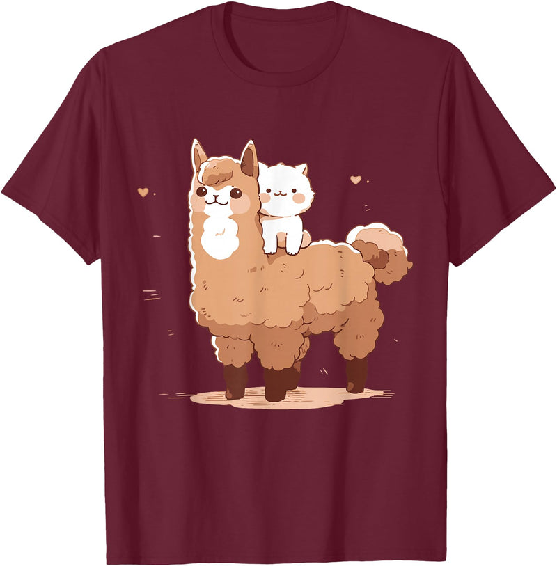 Funny Llama Alpaca Animal Lover Gifts Clothing Llama Alpaca Cat T-Shirt - Burgundy