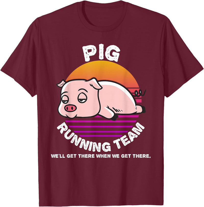 Running Shirts by CrushRetro Funny Farm Pig Running Team Shirt Kids Men Women Gift T-Shirt - Burgundy