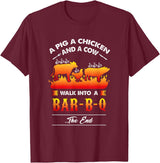 anti vegan shirt I funny bbq bacon fans A Pig, A Chicken, And A Cow Walk Into A Barbecue Bar-B-Q T-Shirt - Burgundy