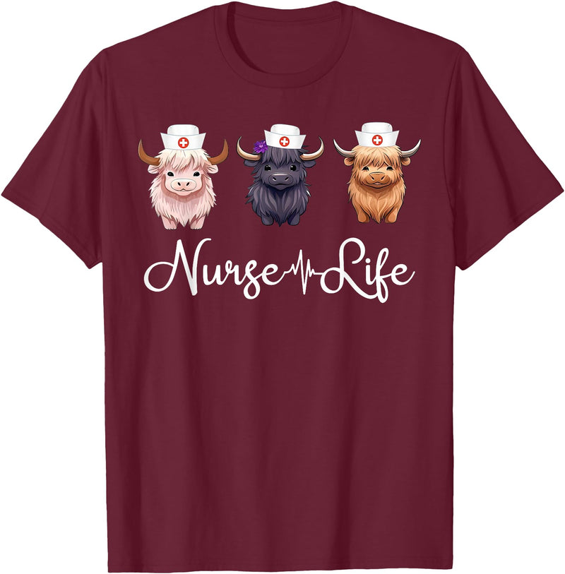 Highland Cow Nurse Life Costume Cute Highland Cow Nurse Life Farm Animal Lover Nursing T-Shirt - Burgundy
