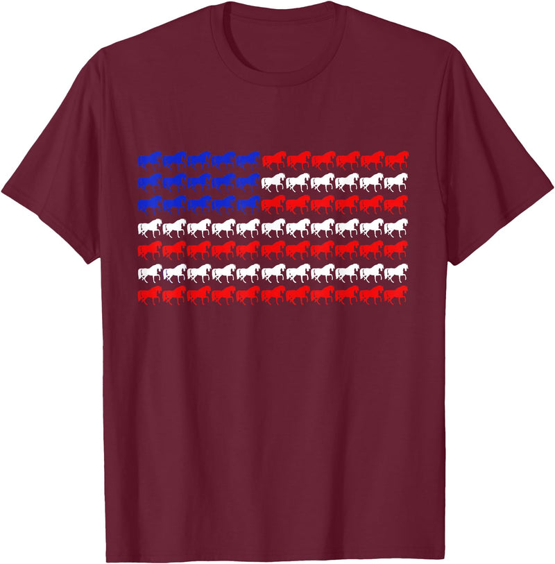 Horse Owners Gear USA Horse Lover Patriotic US Flag Prancing Horses Silhouette T-Shirt - Burgundy