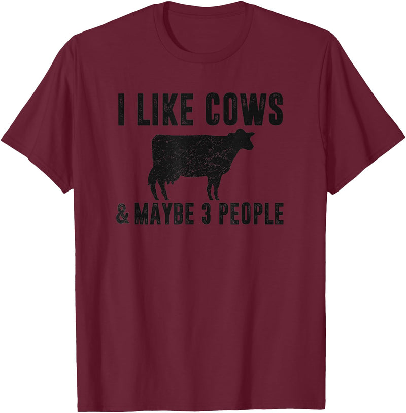 Funny Cow Lover Farmer Gifts Women Girls I Like Cows & Maybe 3 People Funny Quote Dairy Cow Graphic T-Shirt - Burgundy