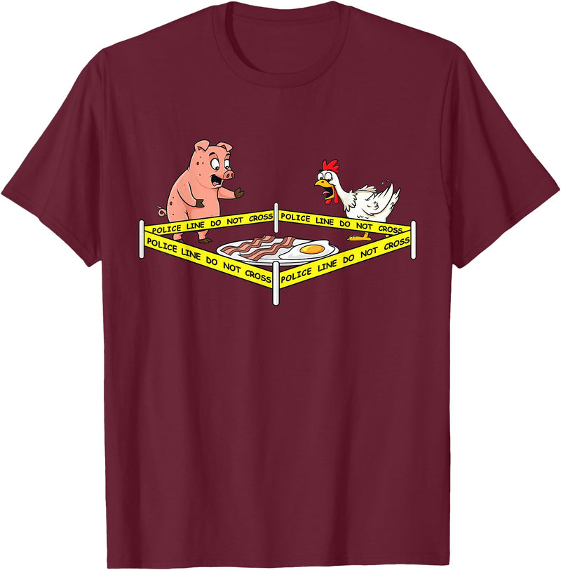 Mr Ben Thanksgiving Police Line Do Not Cross Pig and Chicken Funny Food T-Shirt - Burgundy