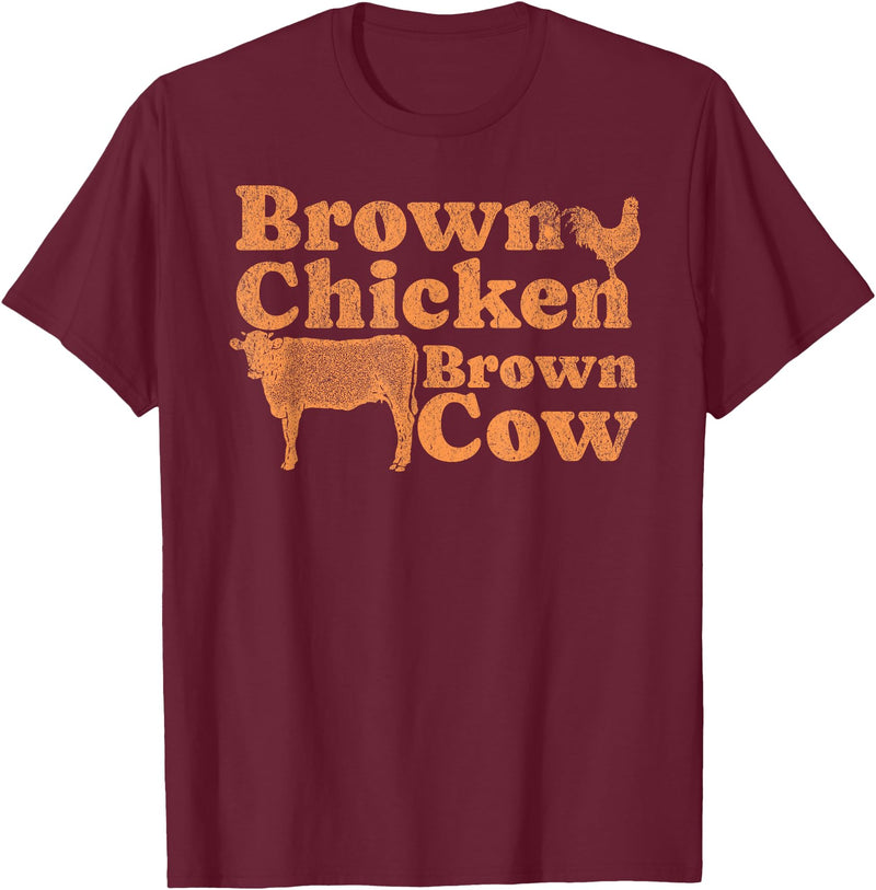 Funny Brown Chicken Brown Cow T-shirt 1970s Music Bow Chicka Wow Wow Joke Brown Chicken Brown Cow T-Shirt - Burgundy