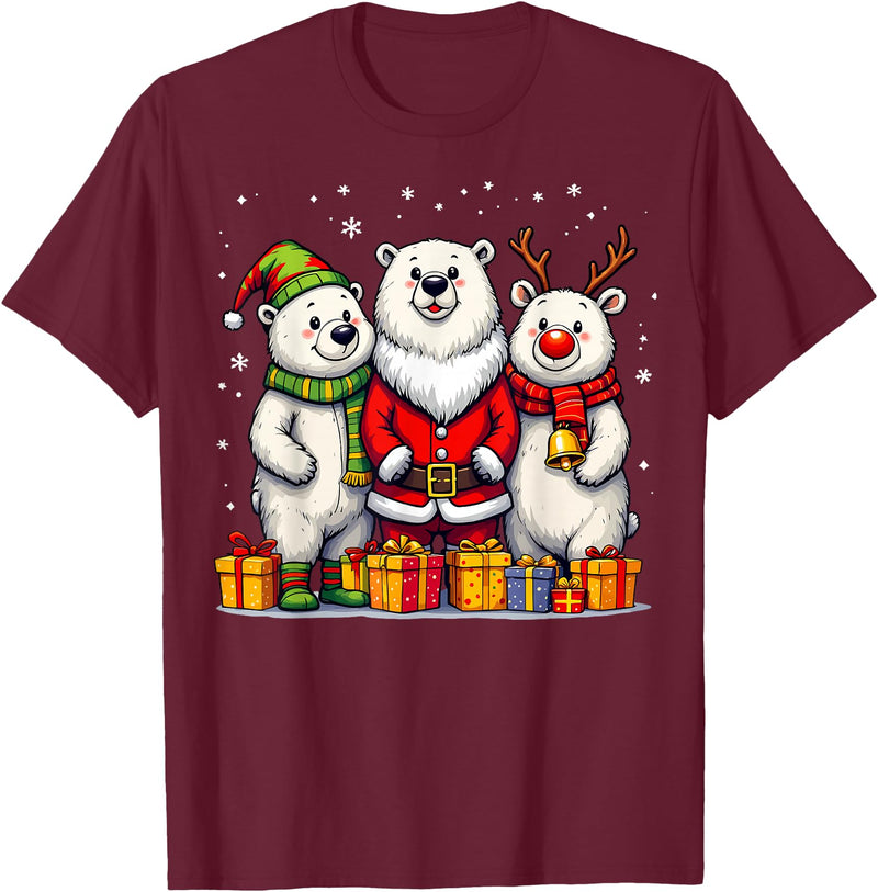 Christmas Polar Bear Santa Elf Reindeer Holiday Cute Christmas Polar Bears in Santa Elf and Reindeer Costume T-Shirt - Burgundy