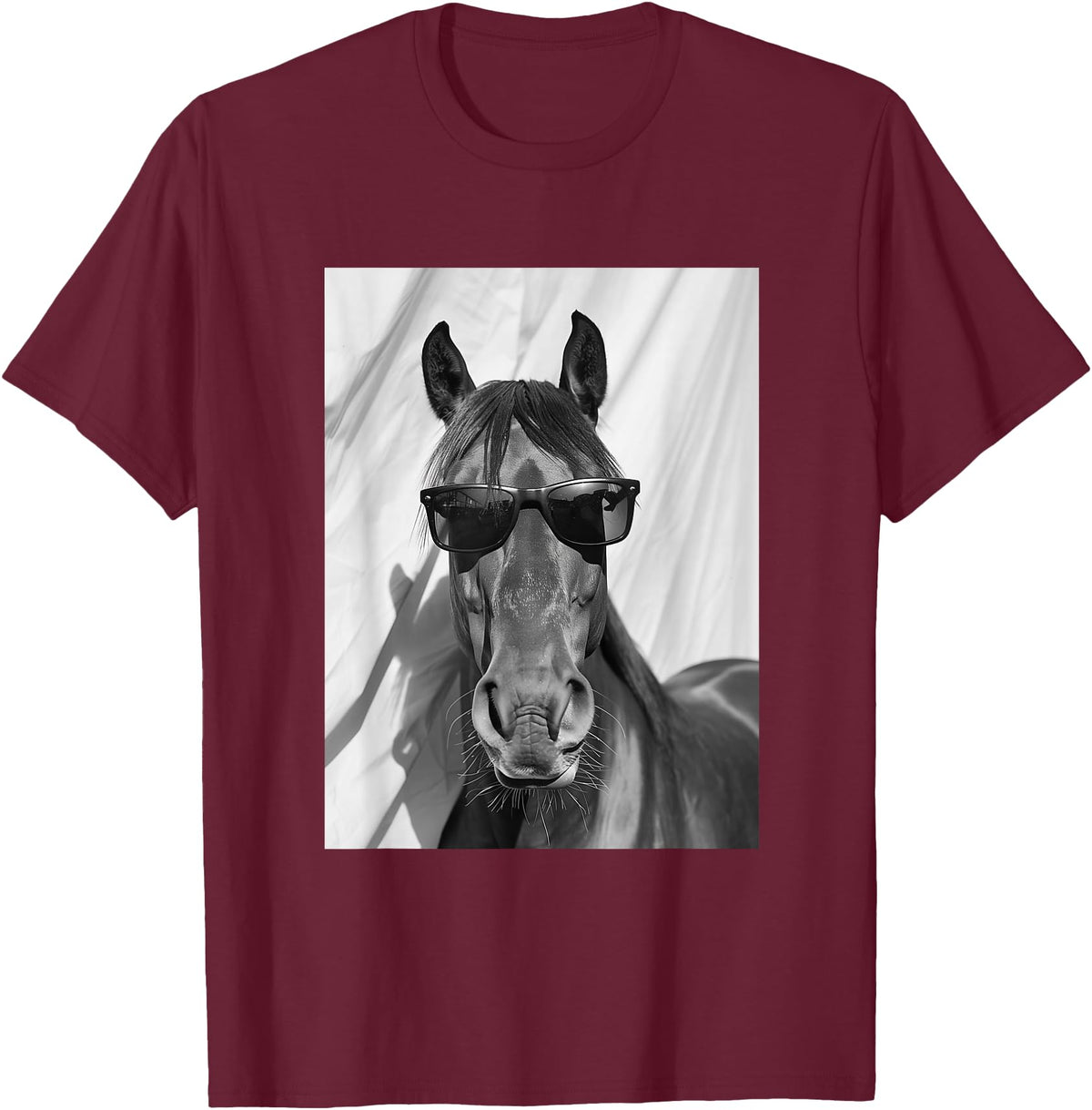 Funny Animal Photography Clothing Co. Cute Horse with Sunglasses Farm Animal Photo Booth T-Shirt - Burgundy