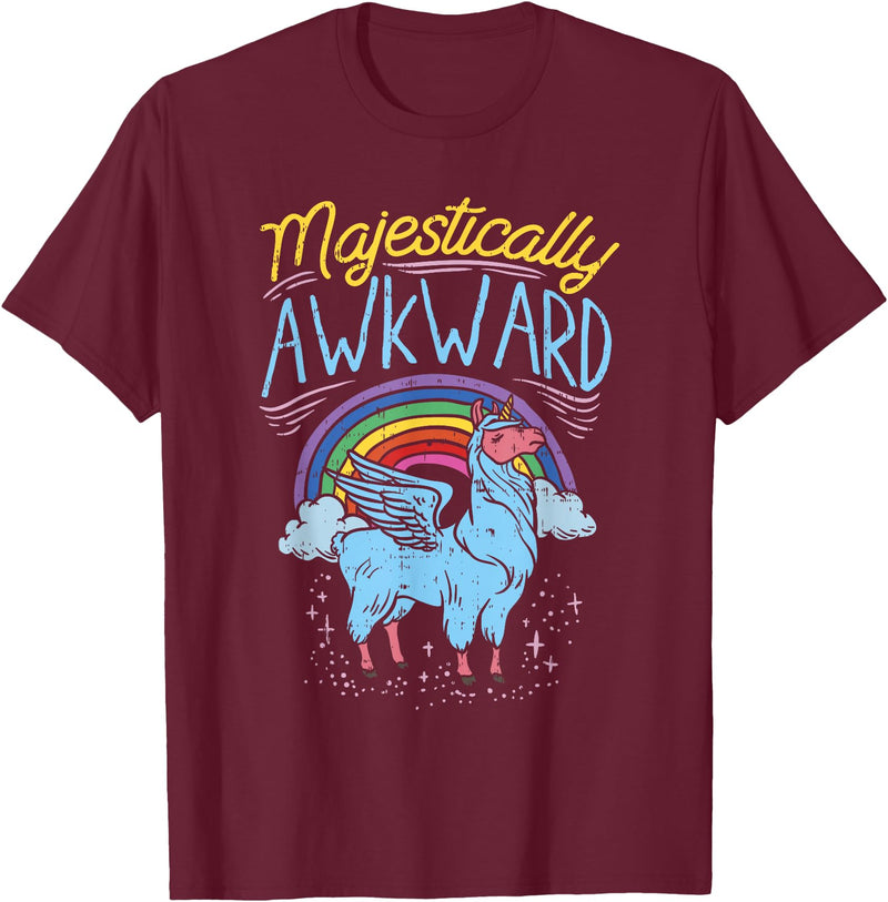 Llama Queen Birthday Party Gift Majestically Awkward Funny Llamacorn Llama Unicorn Rainbow T-Shirt - Burgundy
