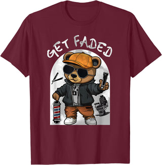 Black Barbershop African American Barber Designs Get Faded Hip Hop Teddy Bear Barber Streetwear Fade Haircut T-Shirt - Burgundy