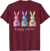 Funny Three Bunnies Rabbit Eggs Happy Easter Trendy Sparkly T-Shirt in Burgundy