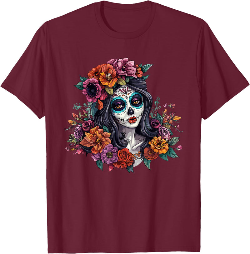 Sugar Skull Dia De Los Muertos Floral Skull Day of The Dead Sugar Skull Woman Floral Crown T-Shirt - Burgundy