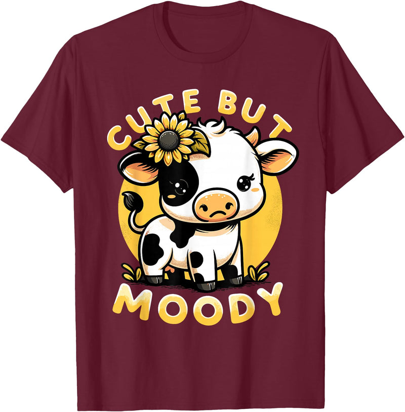 Cowgirl & Cow Lover Calf Gifts for Girls &Women Cute But Moody, Cute Cow, Kids, Farm & Baby Cow Sunflower T-Shirt - Burgundy