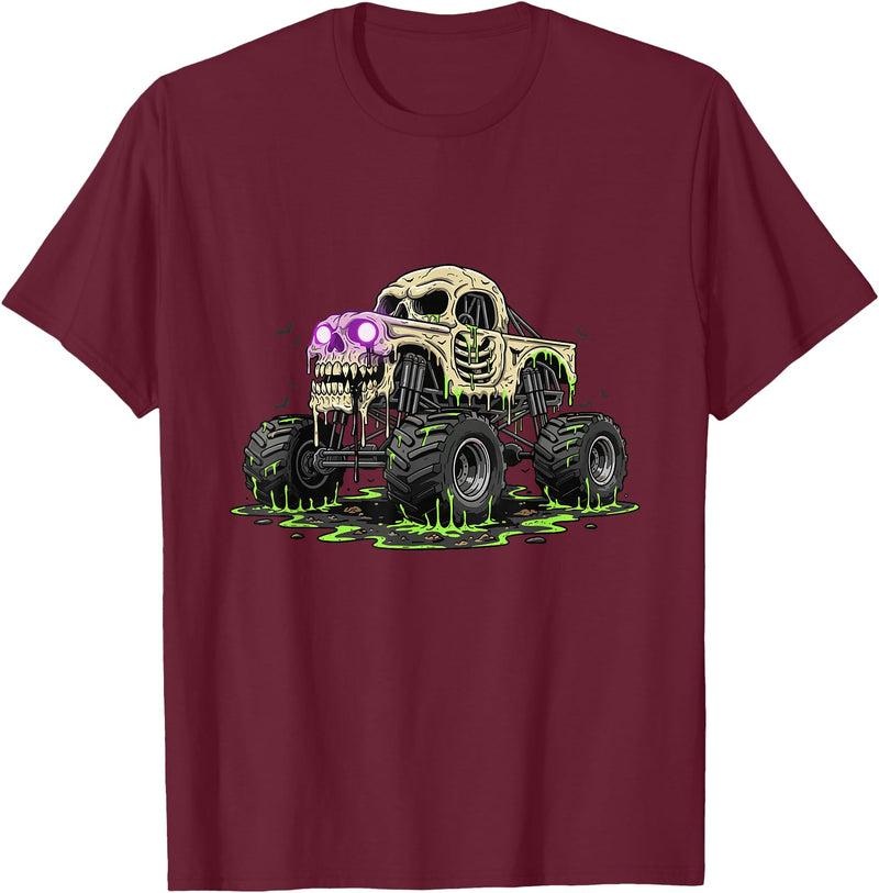 Funny Monster Truck Horror Gift Idea Skeleton Drip Monster Truck Skull Bones Creepy Halloween T-Shirt - Burgundy