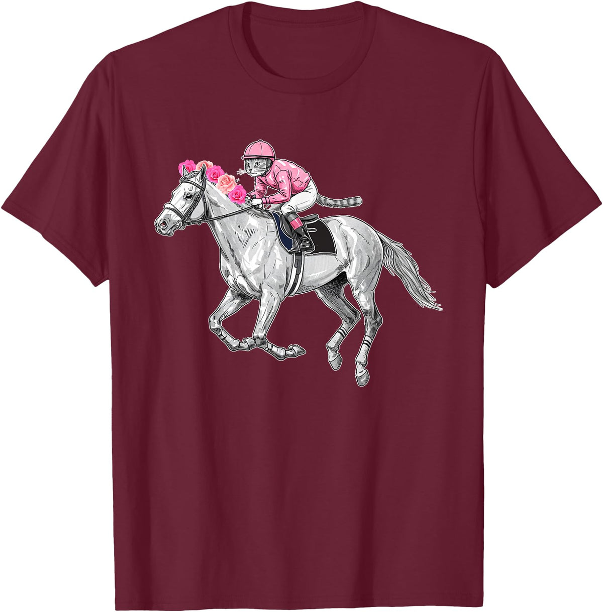 Racehorse and Cat Racer Derby Horse Racing Cat Jockey Funny Race Equestrian Humor T-Shirt - Burgundy