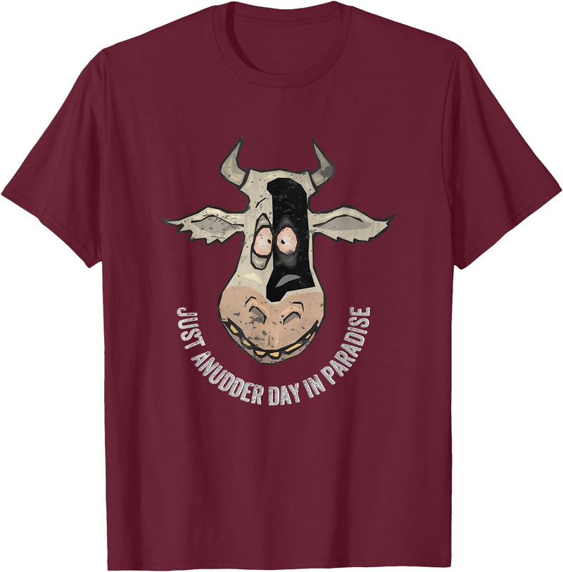 Outstanding in the Field Just Anudder Day in Paradise Funny Cow Farmer Dairy T-Shirt - Burgundy