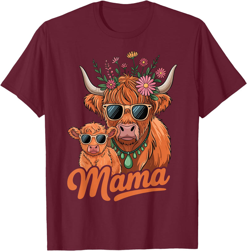Scottish Farm Matching Mom Daughter Highland Cow Highland Cow Mama Mom Baby Calf Daughter Floral Mothers Day T-Shirt -