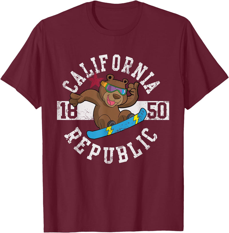 California Gift Kids Boys Girls Men Women Mom Dad California Republic Bear Snowboarder Snowboarding Snowboard T-Shirt - Burgundy