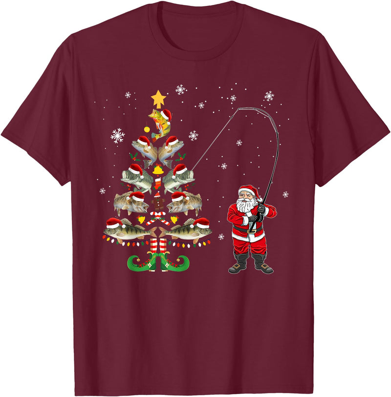 Fishermans Christmas Pajama Gift Tree Lights Merry Fishmas T-Shirt - Burgundy