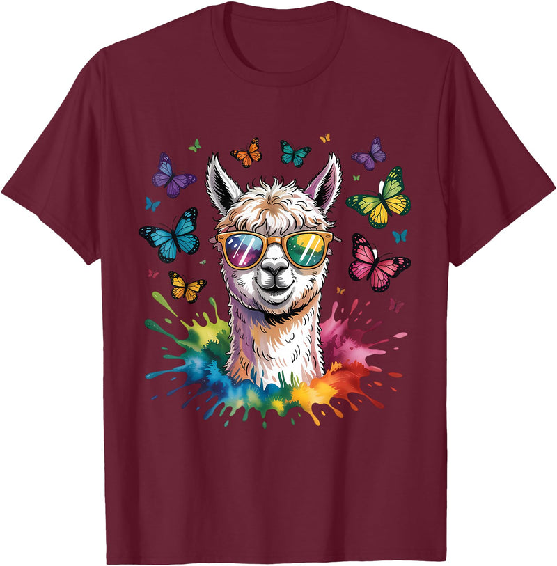 Funny Llama Lover Graphics Cute Llama with Sunglasses Animal Art Graphic Funny Alpaca T-Shirt - Burgundy