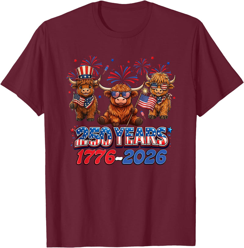 Scottish Highland Cow Print 250th Anniversary Gift 250 Years America Anniversary Cow 4th July America 1776 2026 T-Shirt -