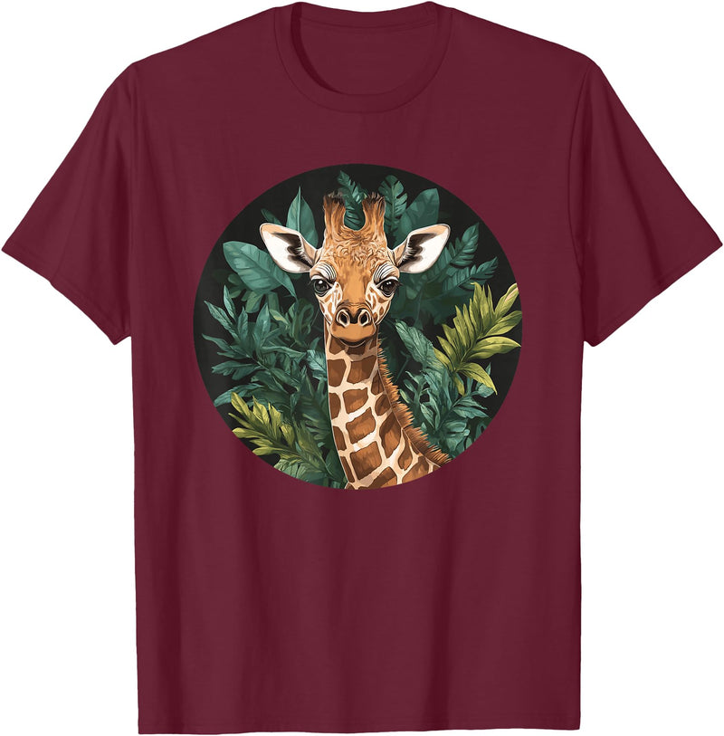 Nature Wildlife Giraffe Safari Jungle Giraffe With Tropical Jungle Leaves T-Shirt - Burgundy