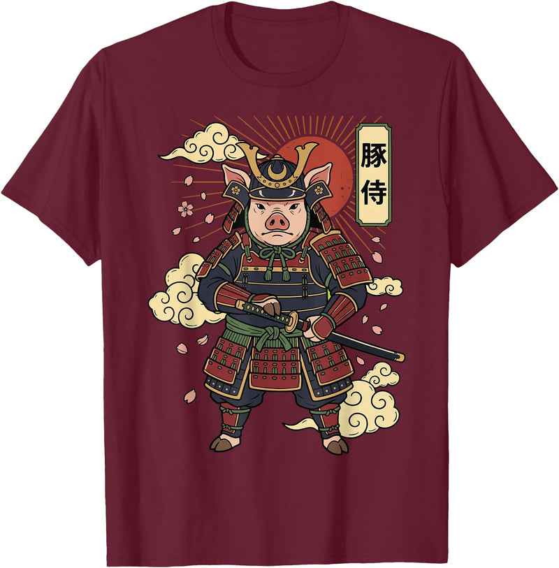 Samurai Pig Anime Japan Pig Samurai Japanese Warrior T-Shirt - Burgundy