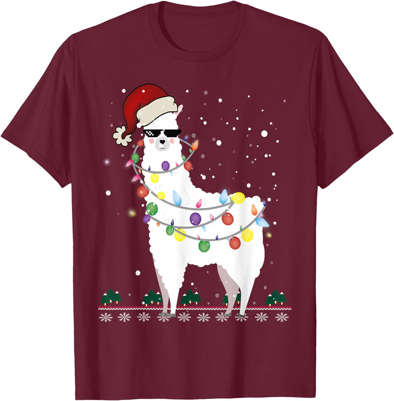 Christmas Llama Santa Hat Ugly Xmas Tee Christmas Llama Santa Hat Ugly Xmas Tree Alpaca Gift T-Shirt - Burgundy