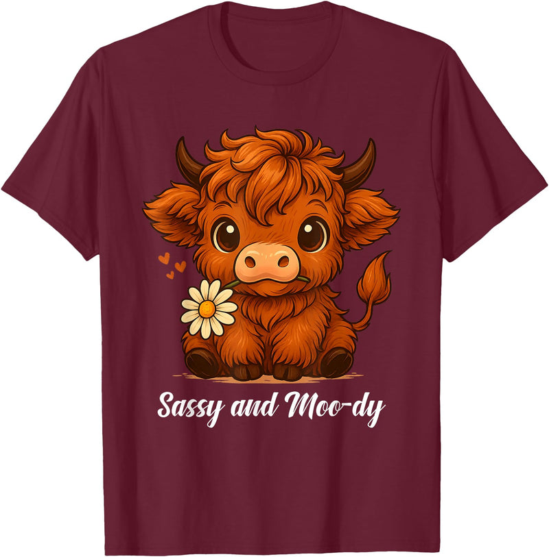 Sassy Moo-dy Cute Highland Cow Tees Sassy and Moo-dy Highland Cow Funny Farm Animal Art T-Shirt - Burgundy