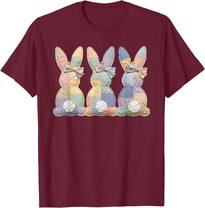 Easter Patchwork Bunny Cute Bunny Rabbit Coquette Lace Bow T-Shirt in Burgundy