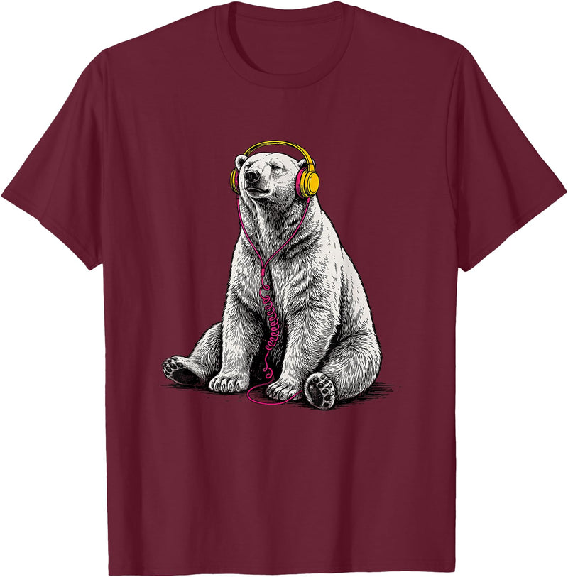 Arctic Wildlife Music Lover Designs Polar Bear Headphones Music Lover Funny Arctic DJ T-Shirt - Burgundy