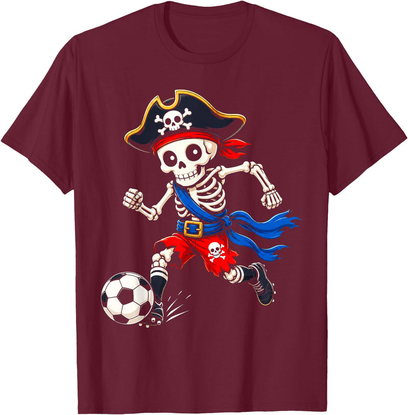 Soccer Player Pirate Skeleton Halloween Costume Skeleton Soccer Player Pirate Halloween T-Shirt - Burgundy