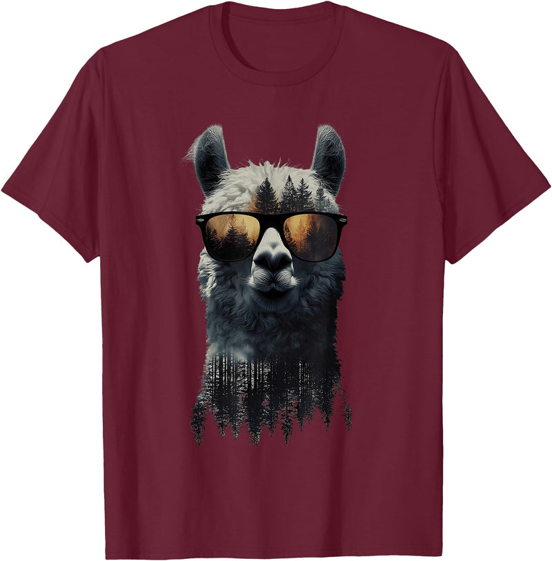 Funny Llama Lover Graphics Funny Alpaca Llama with Sunglasses Animal Graphic T-Shirt - Burgundy