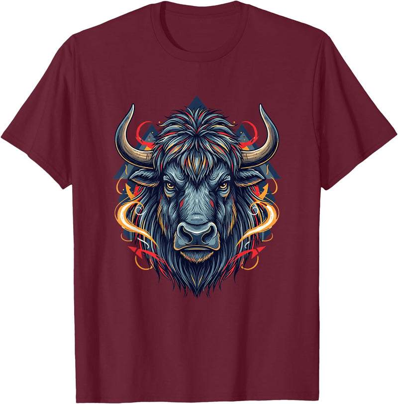 Wild Buffalo Bison Tribal Western Spirit Fierce Wild Bison Head Tribal Geometric Buffalo T-Shirt - Burgundy