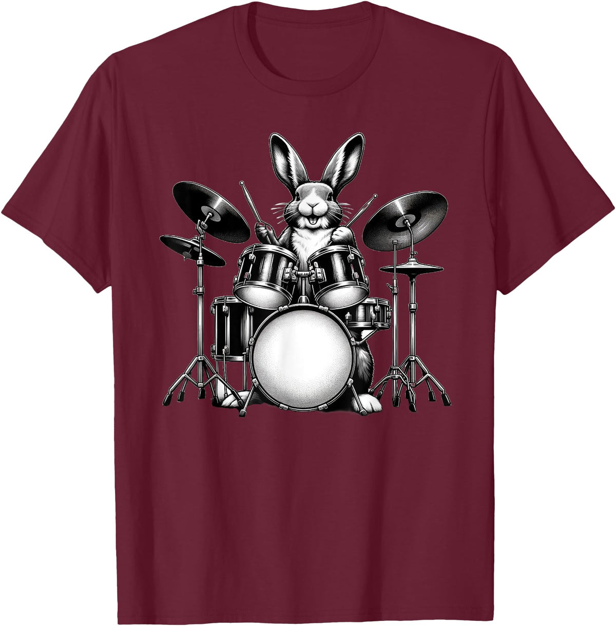 Cute Rabbit Bunny Playing Drums Rabbits Drummer Music T-Shirt in Burgundy