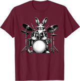 Cute Rabbit Bunny Playing Drums Rabbits Drummer Music T-Shirt in Burgundy