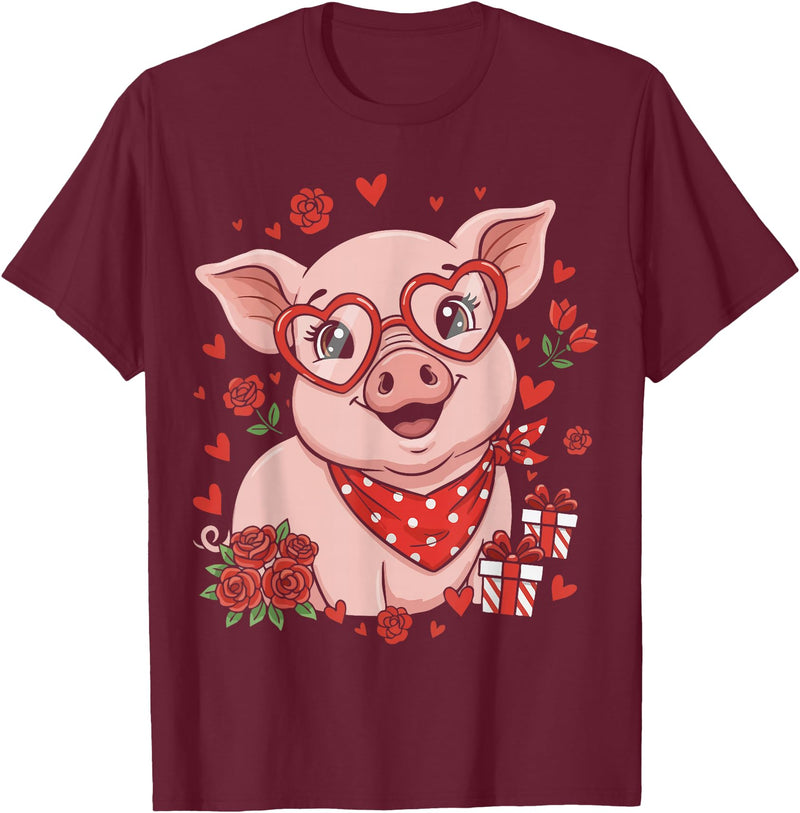 Pig Valentine Heart Love Cute Animal Lover Pig Cute Farm Animal Sunglasses Heart Love Valentine T-Shirt - Burgundy