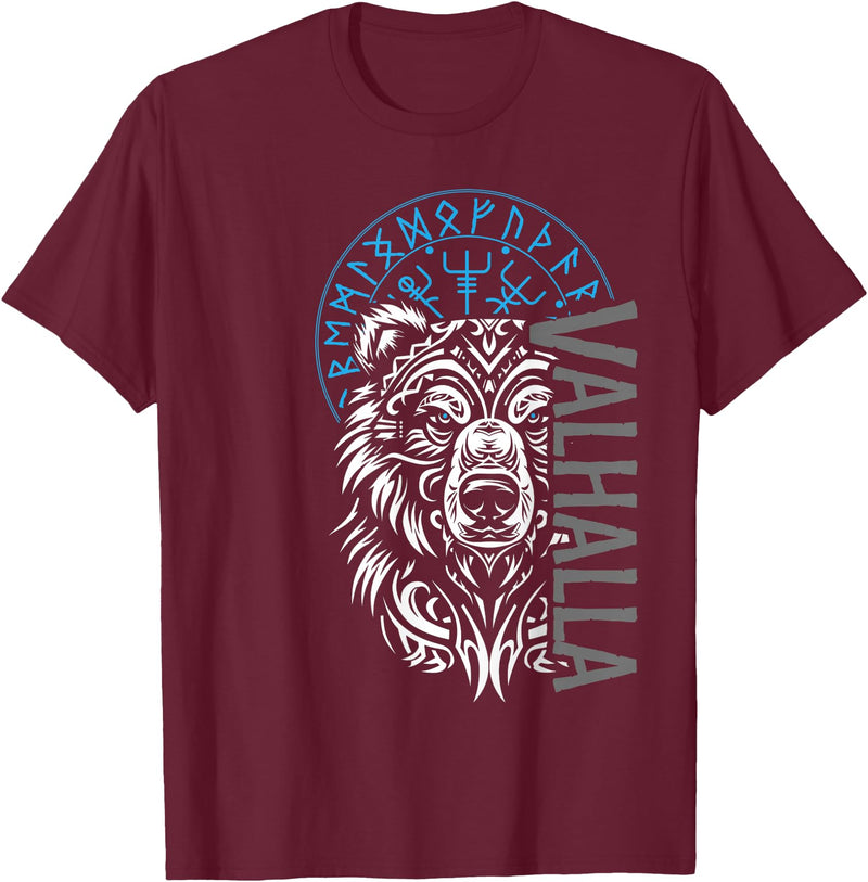 Nordic Valor, Viking Visions, Berserk til Valhalla Valhalla & Viking Compass - Nordic Bear Design T-Shirt - Burgundy
