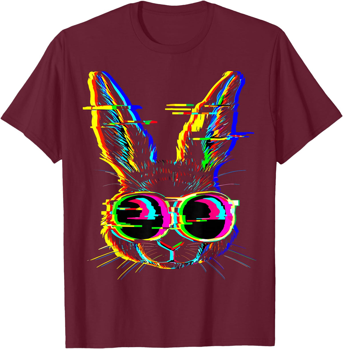 Trippy Rabbit Vibrant Glitch Effects Vaporwave EDM Lover T-Shirt in Burgundy