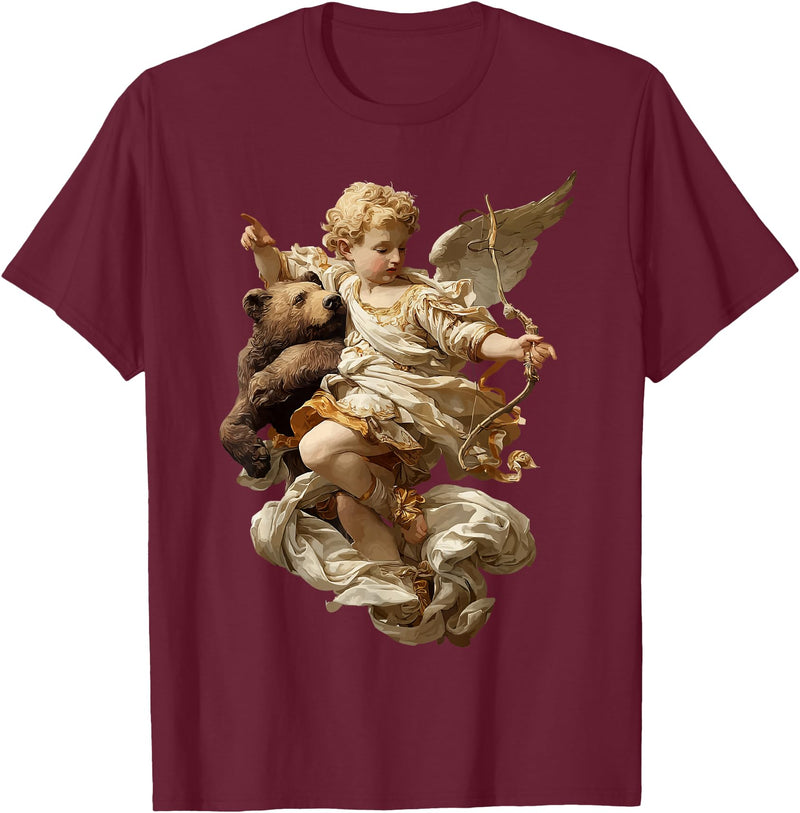 Vintage Angel Aesthetic Classical Art Cute Cherub Angel with Bear Baroque Renaissance Aesthetic T-Shirt - Burgundy